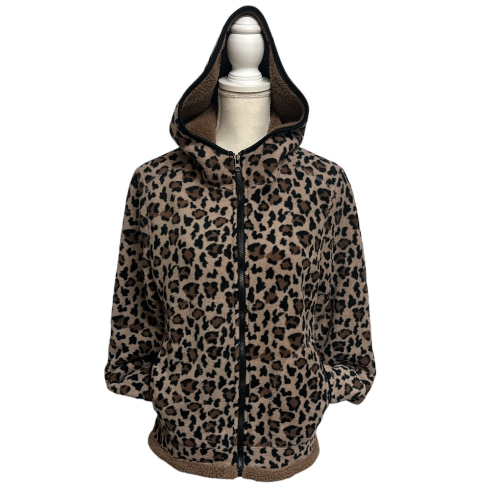 Leopard Print Fleece Hooded Zip Up Jacket With Pockets Ladies Size Medium - Picture 1 of 6